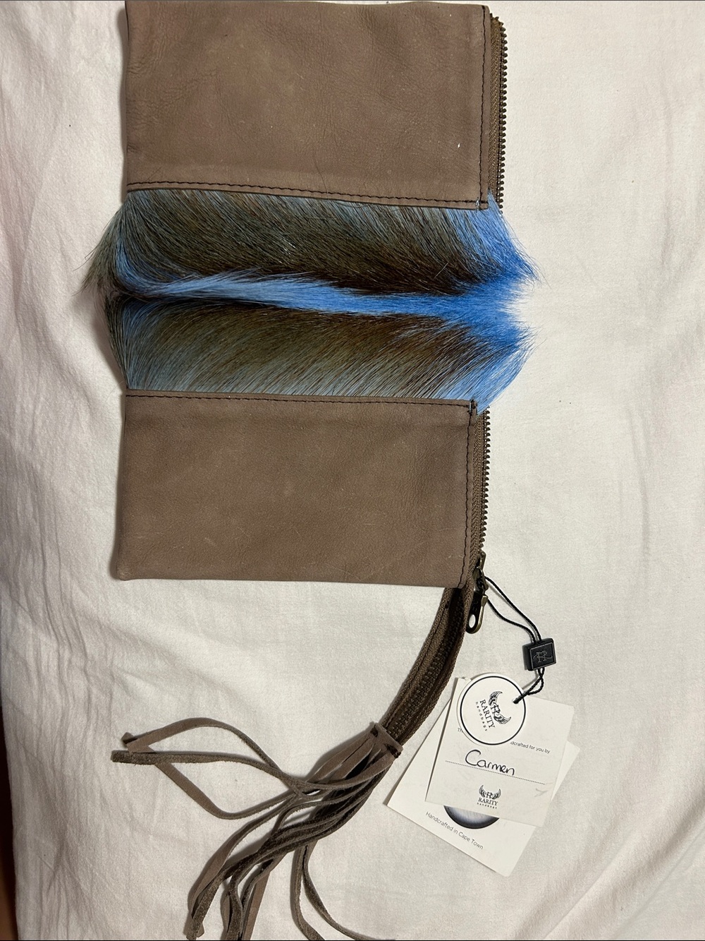Brown Suede Wristlet Clutch with Blue Fur Accent